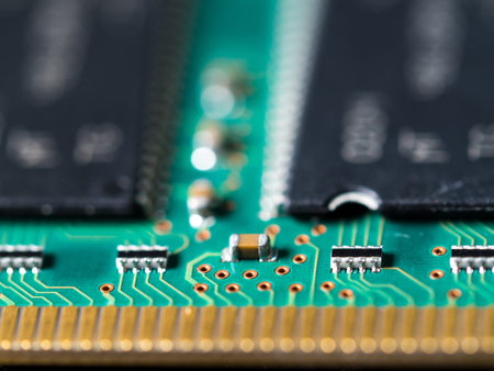 close-up of circuit board with integrated circuits, resistors and capacitors.