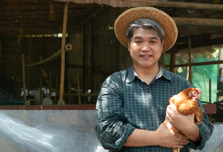 Asian farmers are holding hens. At a chicken farm in their own home area With a happy gesture