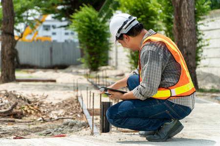 Engineering, wearing a helmet and holding tablets, sitting down To check the structure of the...