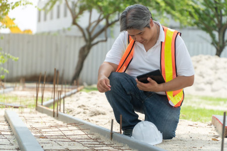 Engineering, wearing a helmet and holding tablets, sitting down To check the structure of the...