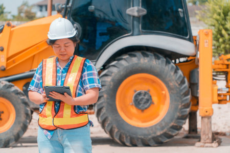 Woman Engineering wearing a white safety helmet standing In front of the backhoe And are using tablet to check the blueprint with constructionの写真素材