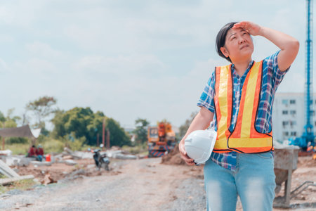 Engineering woman holding a white safety helmet standing In front of the construction site. Concepts...