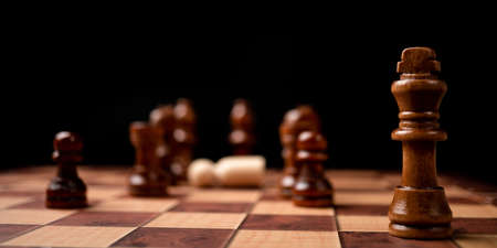 Brown king standing confront of Chessboard. New business players are facing challenges. The management or leadership, analysis, strategy concept.の写真素材