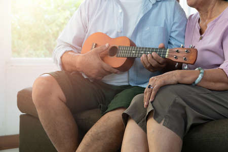 Happy Asian senior couple playing ukulele and singing together at home. The concept of life for the elderly after happy retirementの写真素材