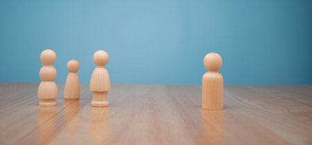 Many wooden human figures, Man and woman standing. Concept of Human resource, Talent management,...