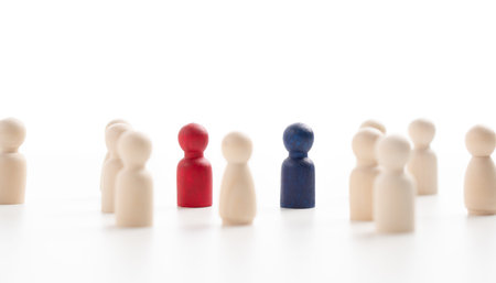 The leadership of the wooden figure standing on the box show influence and empowerment. Concept of...