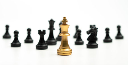 Golden Chess King standing to Be around of other chess, Concept of a leader must have courage and...