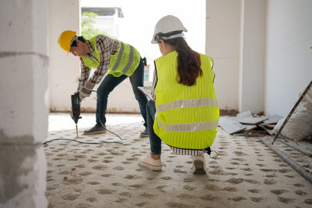 Engineer checking worker using an electric jackhammer to drill perforator equipment making holes...