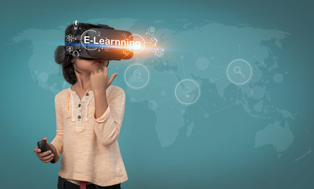 Little Asian girl child with virtual reality headset is exciting for new experiencing. Concept of 3D...