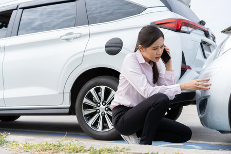 Asian women driver check for damage after a car accident before taking pictures and sending insurance. Online car accident insurance claim after submitting photos and evidence to an insurance company.の写真素材