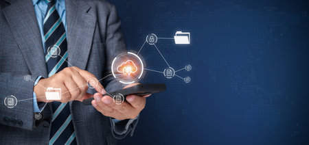 Businessman working on a smartphone of Document Management System (DMS). Software for archiving,...