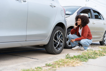 Asian women driver check for damage after a car accident before taking pictures and sending...