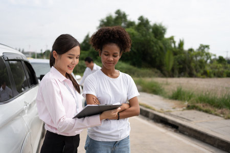 Women drivers Talk to Insurance Agent for examining damaged car and customer checks on the report...