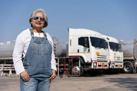 Business owner standing in front of oil truck after performing a pre-trip inspection on a truck. Concept of preventive maintenance.の写真素材