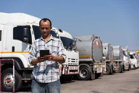 Business owner hold tablet in front of oil truck after performing a pre-trip inspection on a truck. Concept of preventive maintenance.の写真素材