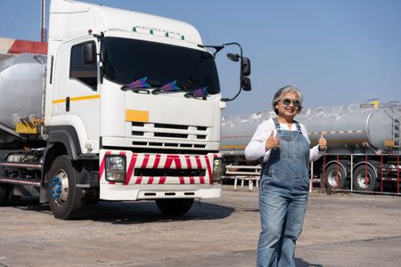 Business owner standing in front of oil truck after performing a pre-trip inspection on a truck. Concept of preventive maintenance.の写真素材