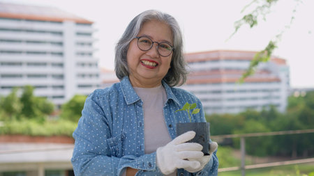 Portrait of happy old age woman and retirement looking at camera and hold seedlings for plants in...