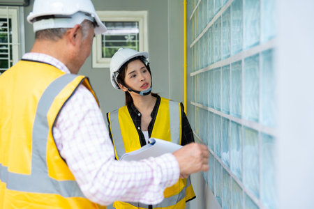 Senior home inspector checking home defects and teaching young engineers, before handing it over to client. Young engineers learn home inspection with Senior, Real estate, and renovation concepts.の写真素材