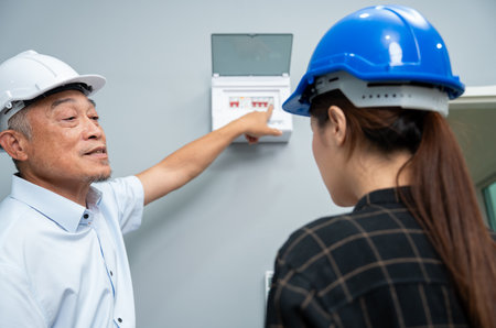 Senior home inspector checking home defects and teaching young engineers, before handing it over to client. Young engineers learn home inspection with Senior, Real estate, and renovation concepts.の写真素材