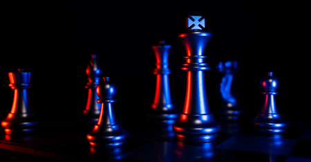 Golden Chess King standing to Be around of other chess, Concept of a leader must have courage and challenge in the competition, leadership and business vision for a win in business gamesの写真素材