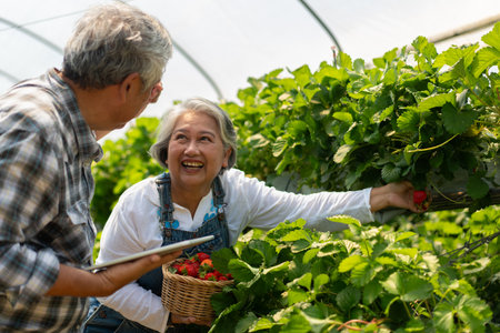 Happy cute couple Asian couple senior farmer working on an organic strawberry farm and harvest picking strawberries. Farm organic fresh harvested strawberry and Agriculture industry.の写真素材