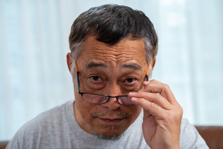 Senior Man Squinting Eyes and Take off put on glasses, Having Problems With Vision, Ophthalmic Issue, Bad Sight In Older Age, wearing eyeglasses posing against looking with wide opened eyesの写真素材