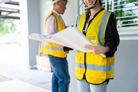 Senior home inspector checking home defects and teaching young engineers, before handing it over to...