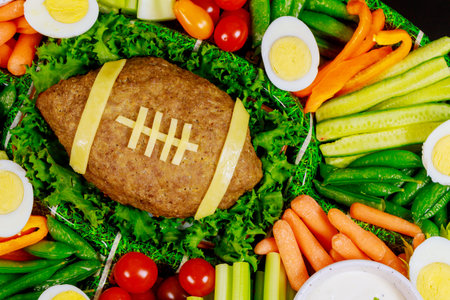 Colorful vegetable platter with egg and meatloaf like a football for Super Bowl party.