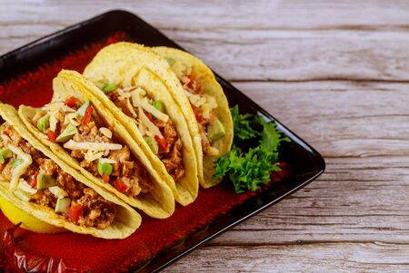 Stuffed taco shells with beef, mexican dish tacos.の写真素材