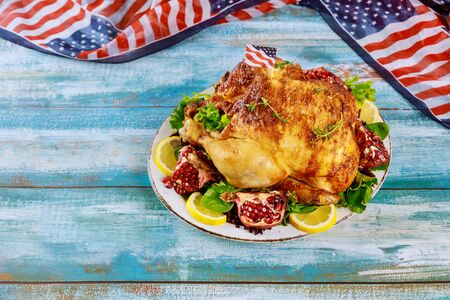 July of 4th party roasted chicken and salad with american flag.の写真素材