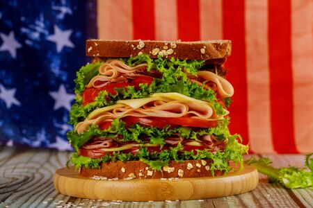 Sandwiche with american flag on background for american holiday party. Independence day concept.の写真素材