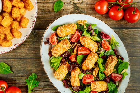 Delicious lunch with fresh salad and tasti potatos on wooden table.の写真素材