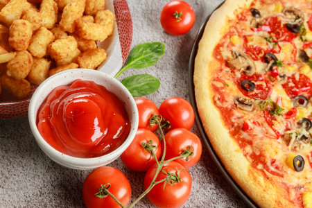 Delicious food pizza, potato and fresh tomato with ketchup on wooden table.