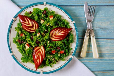 Healty salad with kale, red apple cranberry and sunfloer seeds.の写真素材