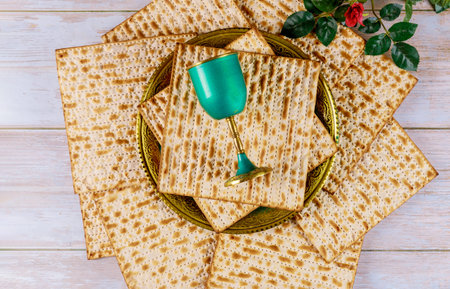 Matzah bread with kosher kiddush and seder. Jewish Passover holiday concept.