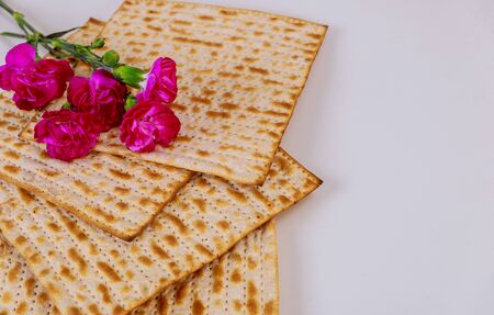Israel matzah bread with hot carnation flowers. Jewish Passover holiday concept.の写真素材