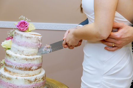 Wedding couple cutting together wedding cake with big knife.