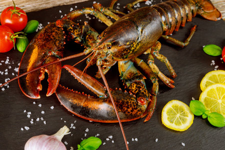 Alive raw uncooked lobster with spicy ready to cook on black board.