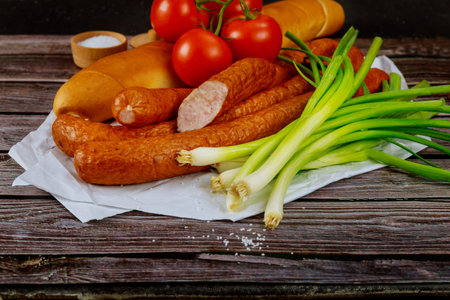 European appetizer for picnic on wooden rustic table.