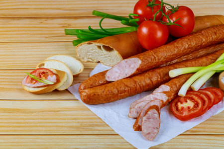 Smoked european sausage on a wooden table with tomato, bread and chives.