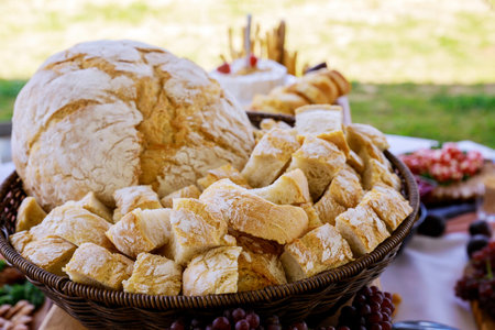 Cut crusty round bread on party table outside.