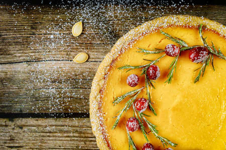 Close up of pumpkin pie with cranberry on wooden background. Copy space.の写真素材