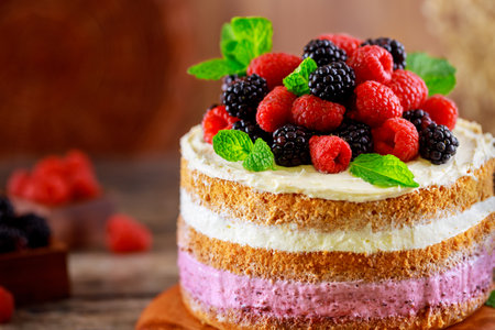 Delicious berry cake decorated with fresh raspberries and blackberries on wooden background.の写真素材