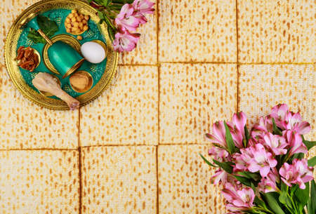 Matzoh bread with kosher kiddush and seder. Jewish Passover holiday concept.の写真素材
