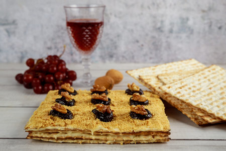 Matzo cake with glass kiddush cup and walnuts. Passover holiday.