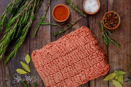 Ground beef with spices and rosemary on wooden background.