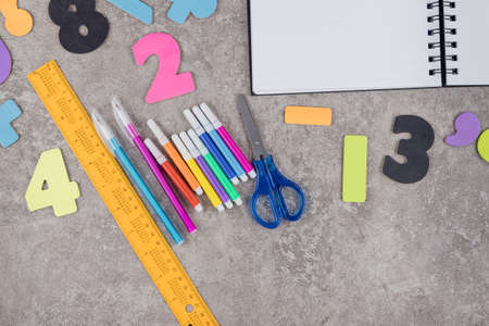 Background of back to school with assortment stationery supplies.の写真素材