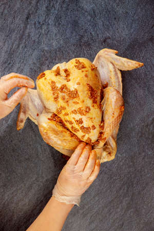 Raw turkey with marinade ready to roast. Top view.の写真素材