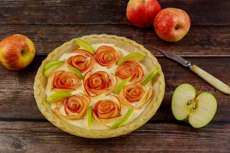 Festive apple pie on rustic wooden background. Thanksgiving Day.の写真素材
