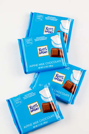 May 4, 2021. New York, US. Ritter Sport alpine milk chocolate on white isolated background.のeditorial素材